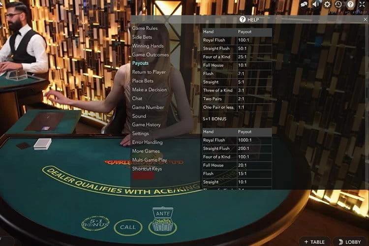 Live Caribbean Stud Poker screenshot with paytable visible