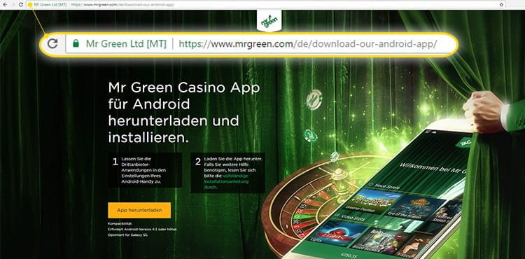 MrGreen bietet eine sichere Verbindung mit einem Android App Download an