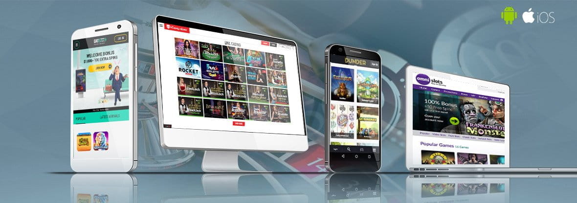 Das Bild ziegt die Startseiten der neue mobilen Casinos auf verschiedenen Endgeräten.
