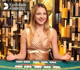 A promotional image of an Evolution live Caribbean Stud Poker dealer
