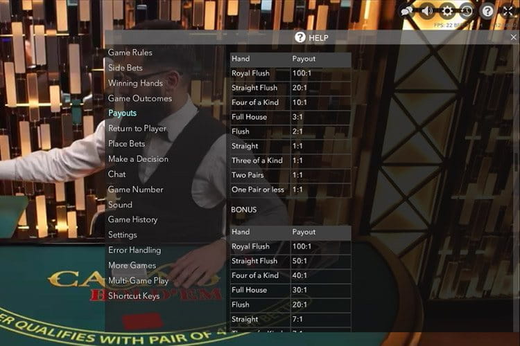Live Casino Hold'em screenshot with paytable visible