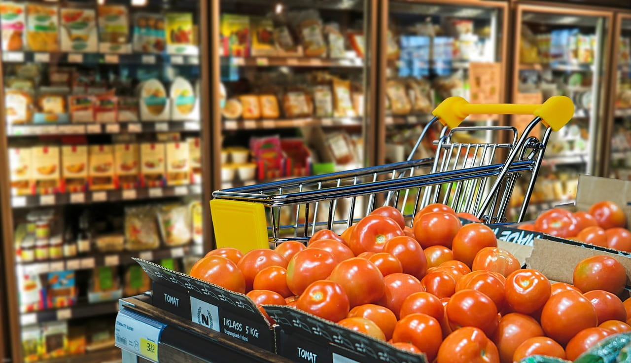 Einkaufswagen steht im Supermarkt vor Tiefkühlfächern und hinter Tomaten