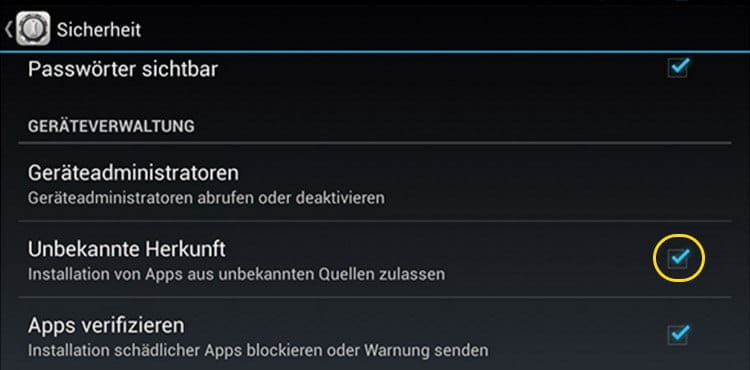 Ihr müsst die Installation von Programmen aus unbekannten Quellen in den Einstellungen eures Mobilgeräts zulassen