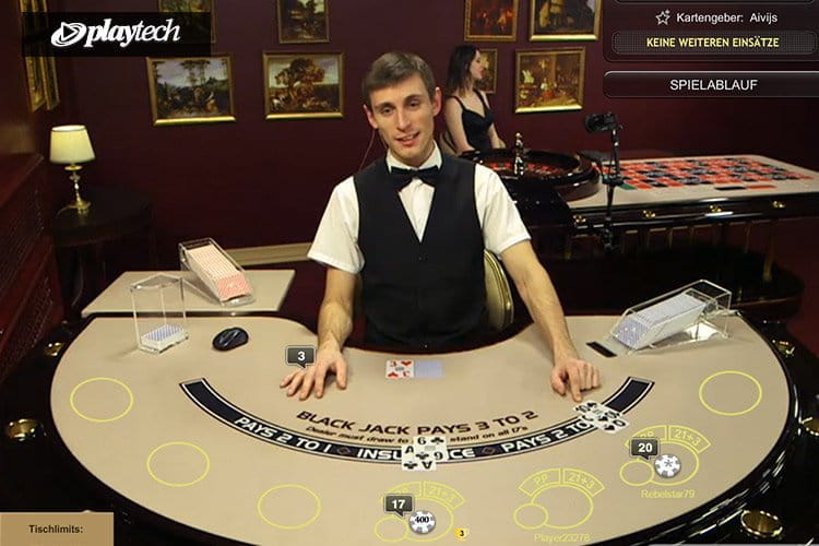 Kartengeber Aivijs an einem Playtech Live Blackjack Tisch