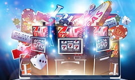 Et logo med flere ting relateret til casinoer såsom spillemaskiner, casino-jetoner og spillekort.