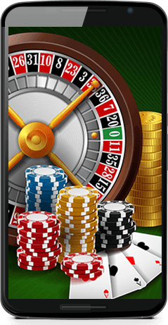Der ses casino-jetoner, et roulette hjul, spillekort og mønter på mobilskærmen.