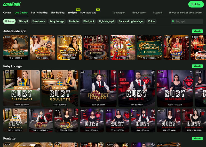 Online platformen for ComeOn Live Casino