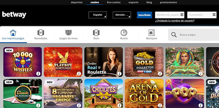 Captura de pantalla de la página de Inicio de un casino