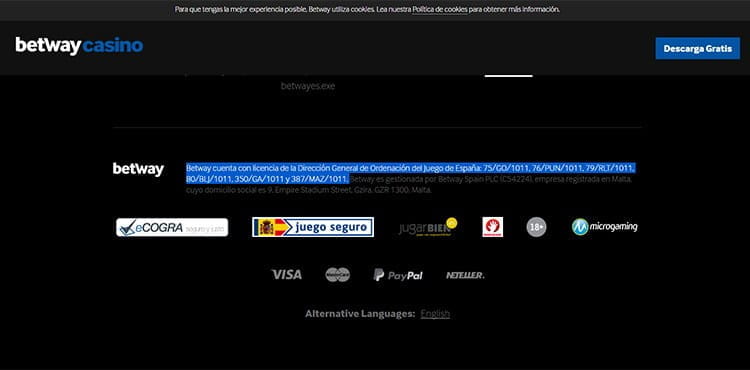 Captura de pantalla de las licencias del casino