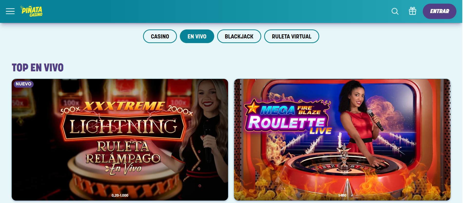La plataforma online del casino en vivo de Piñata Casino