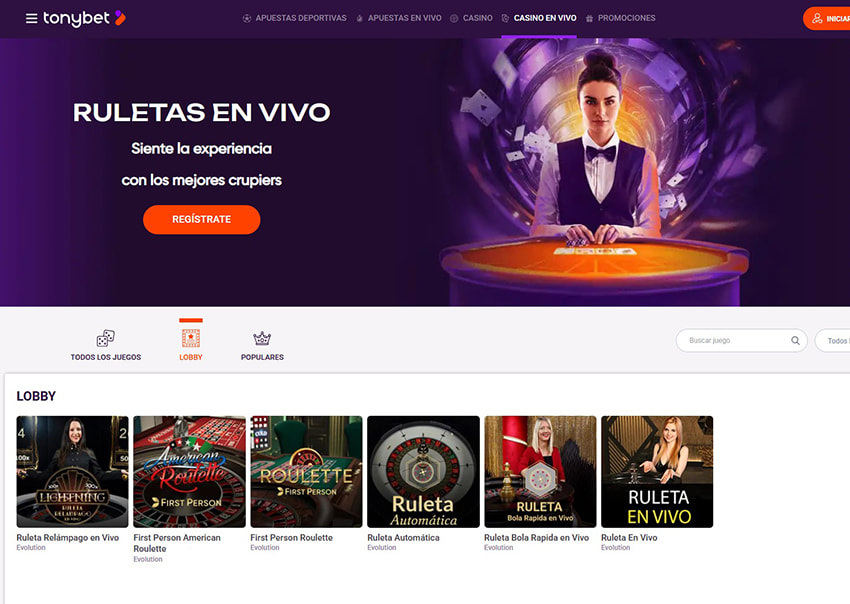 La plataforma online del casino en vivo de TonyBet