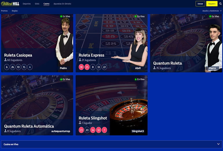 Pantallazo del casino William Hill con los juegos de ruleta en vivo disponibles.
