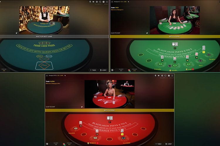 Multitable play at Evolution live tables - view of 3 live games played simultaneously.