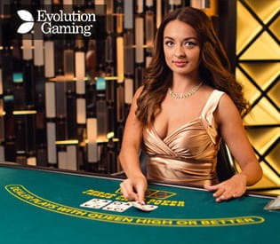 A promotional image of a live Three Card Poker dealer