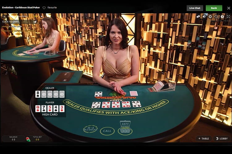 Screenshot of a live Caribbean Stud Poker game 