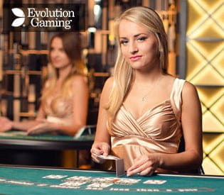 A promotional image of a live Ultimate Texas Hold'em dealer