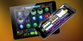 An image of online slots being played on mobile devices