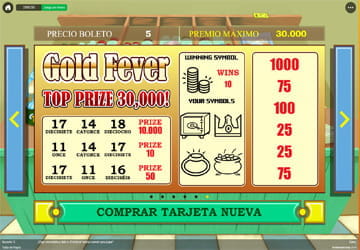 Panel de juego de Gold Fever, un juego de rasca y gana disponible en 888casino.