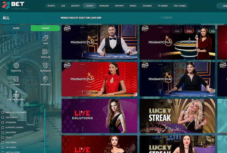 The Online Platform of 22bet Live Casino 