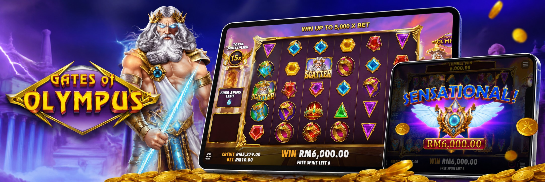Exciting gameplay screenshot of Gates of Olympus a top online slot in Malaysia.