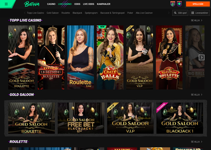 Betinia's live casino platform for Swedish players, where you can play live blackjack and other popular games.	 