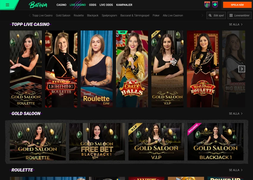 Betinias live casino-plattform för svenska spelare, där du kan spela live blackjack och andra populära spel.