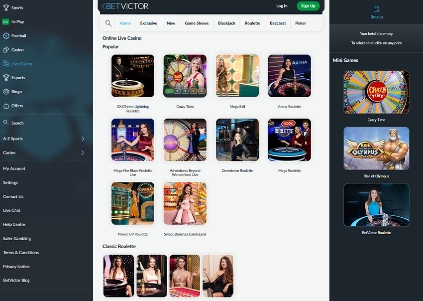 The Online Platform of BetVictor Live Casino