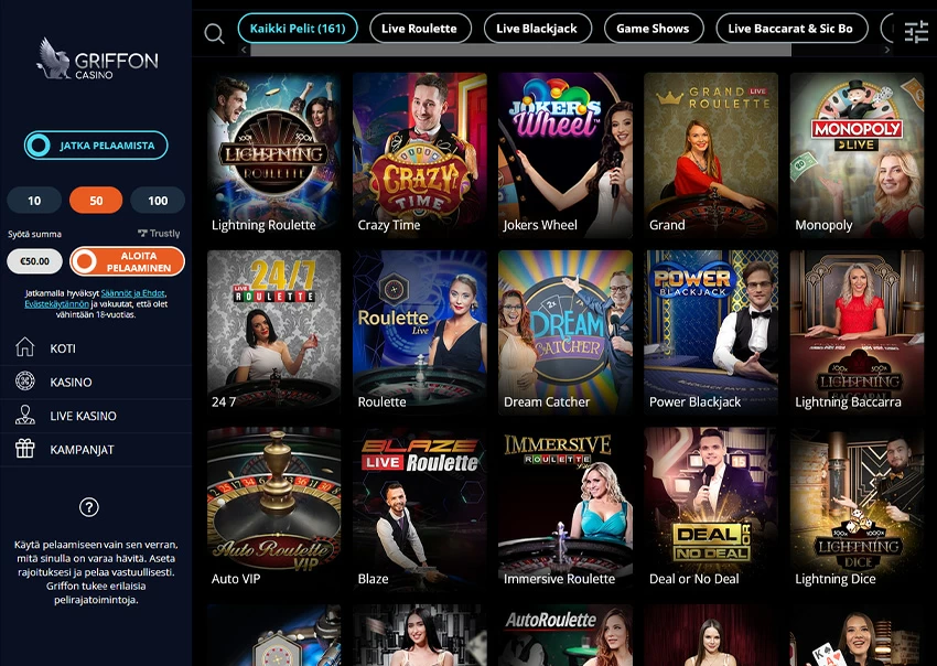 Online-alusta Griffon Casinon live-kasinolle