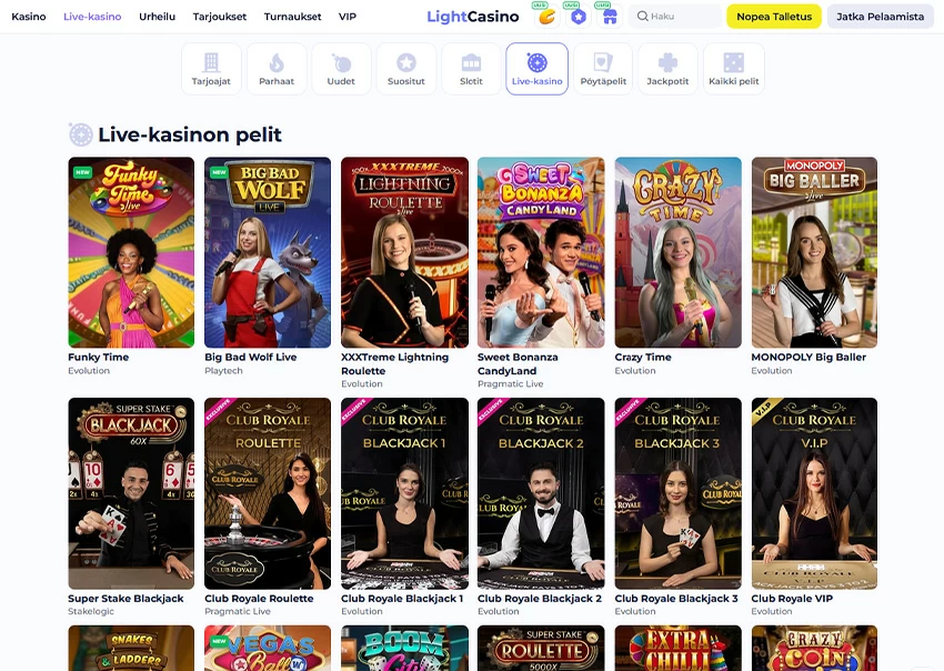 Online-alusta LightCasinon live-kasinolle