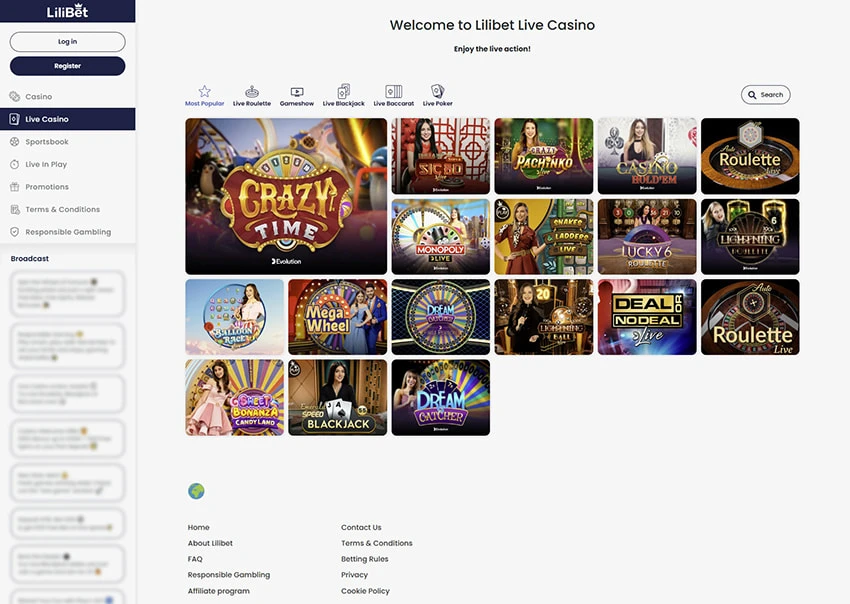 Interfejs stołu gier na żywo w Lilibet Casino z krupierem na wizji