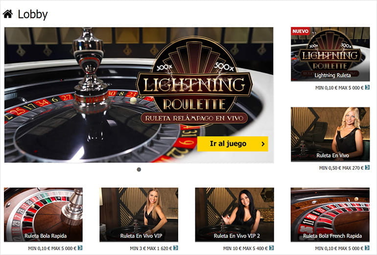 Lobby de Interwetten casino con ruletas en vivo