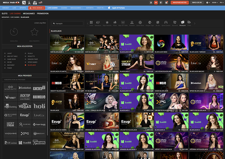 The Live Blackjack Selection of Megapari Casino