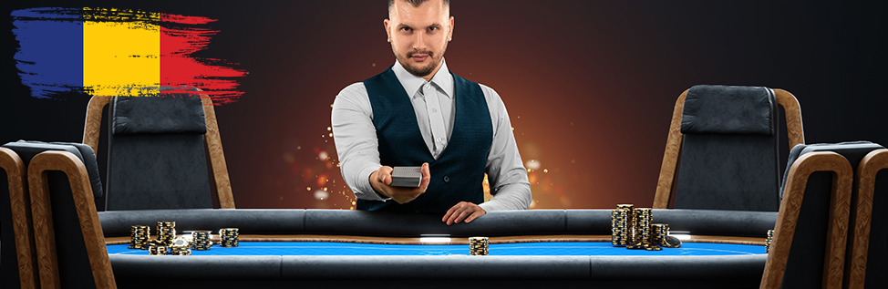 Live Casino Poker dealer offering cards to a player with the Romanian flag in the background