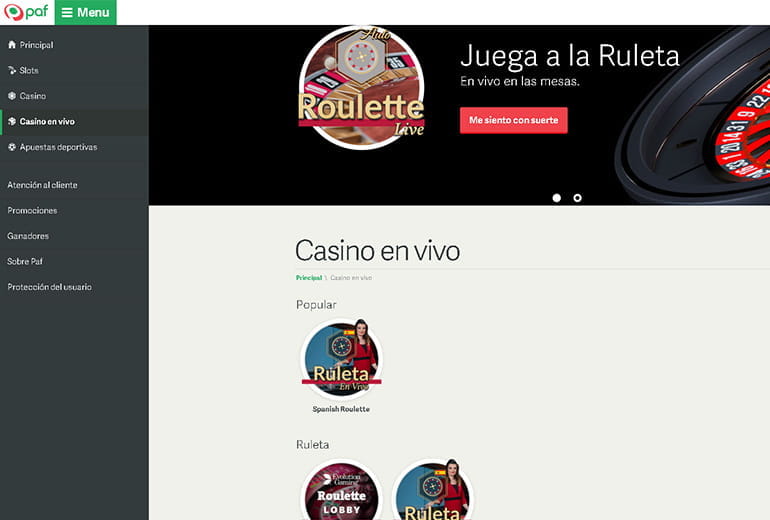 La Plataforma online del casino en vivo Paf.