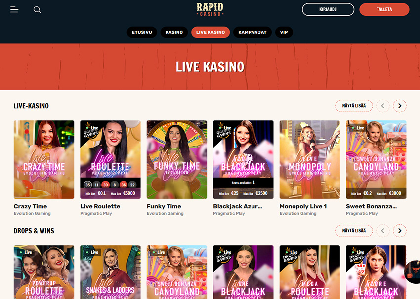 Online-alusta Rapid Casinon live-kasinolle 