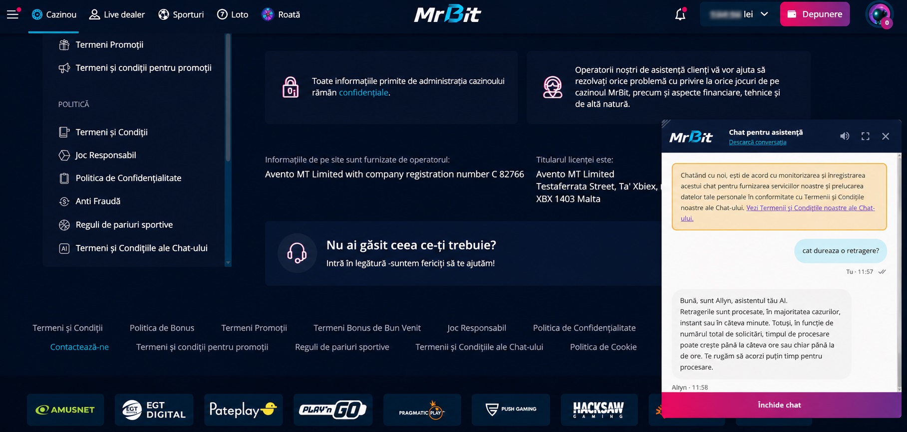 Captură de ecran retrageri Mr Bit