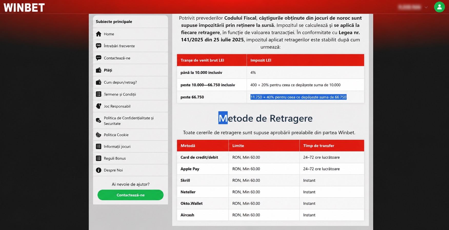 Captură de ecran retrageri Winbet