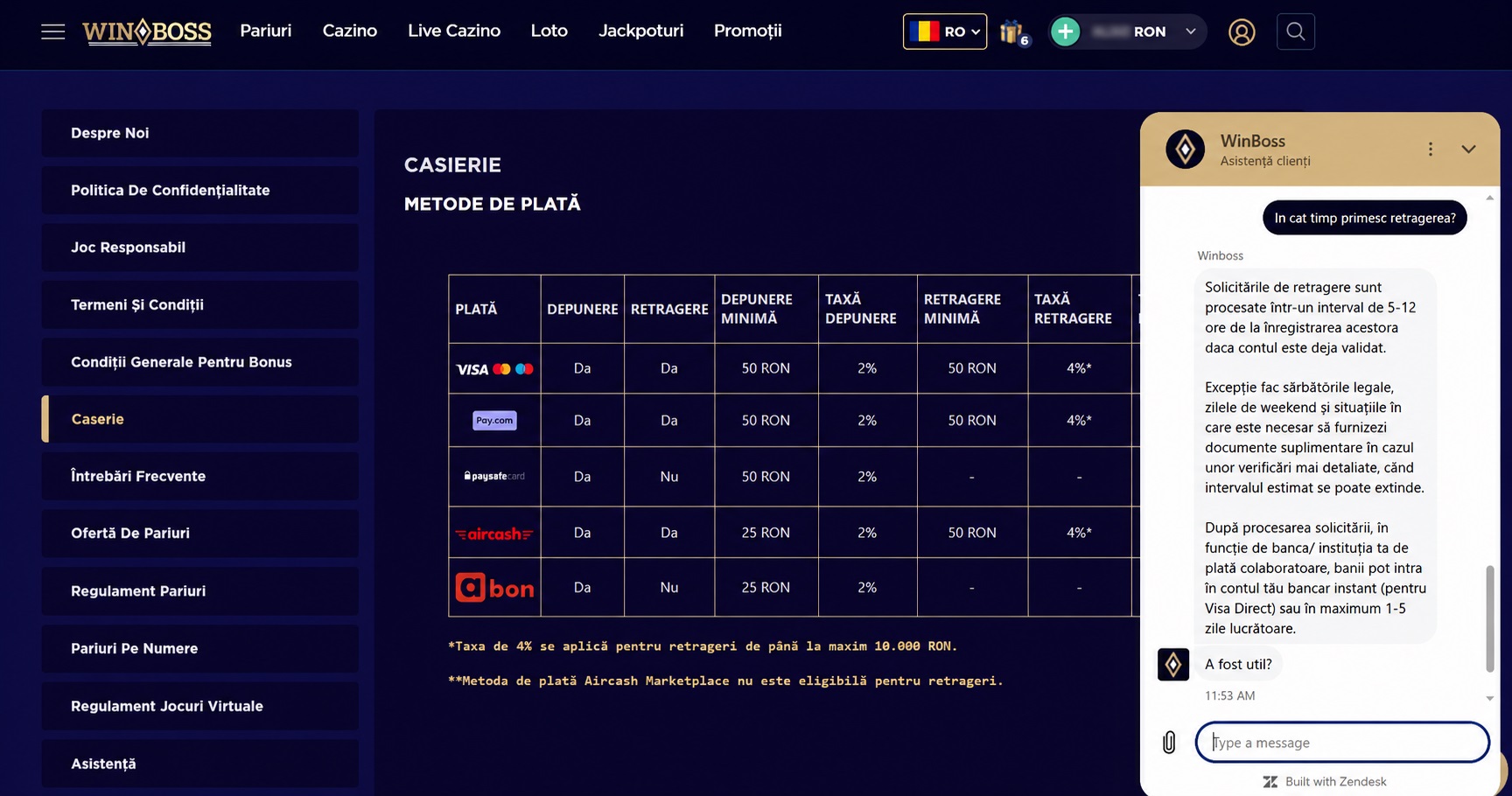 Captură de ecran retrageri WinBoss