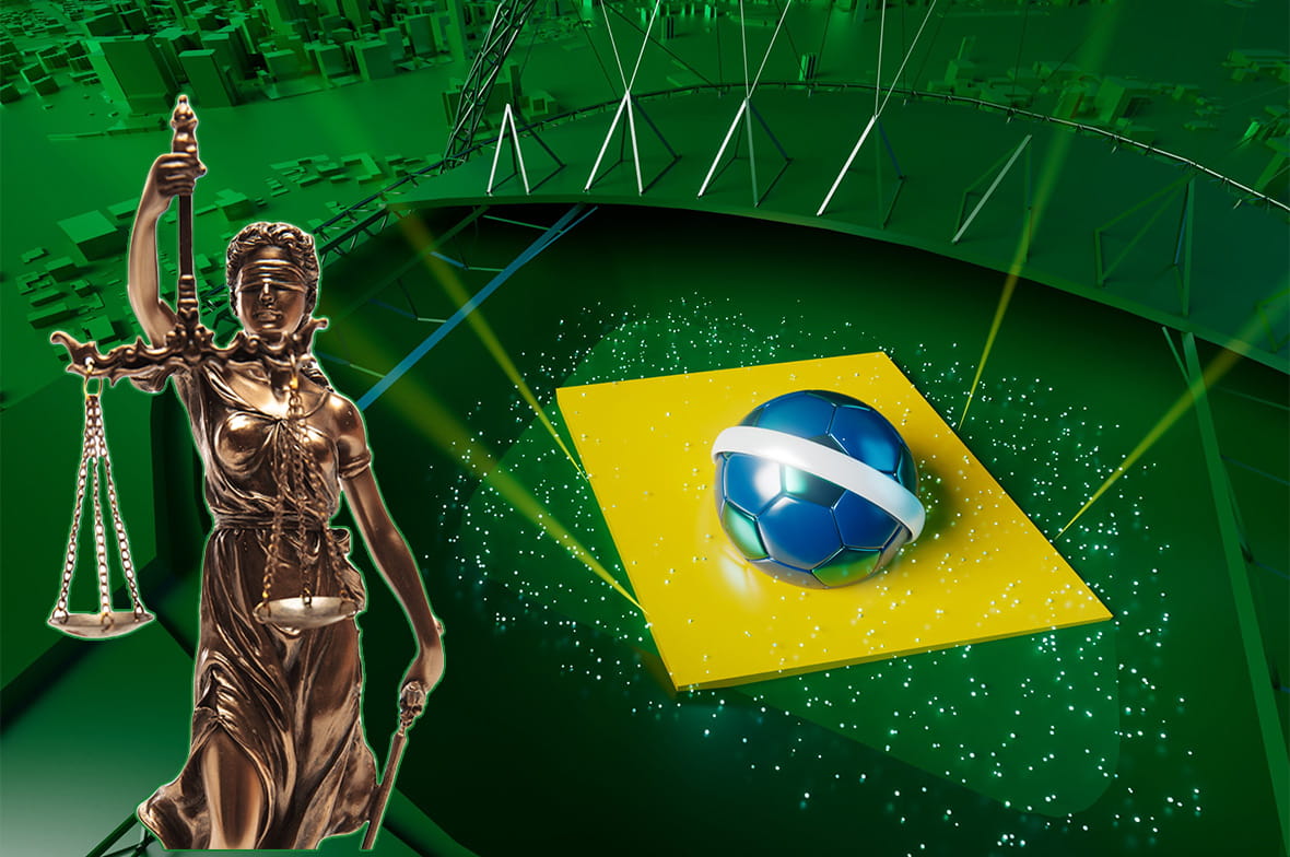 Temida dengan Bendera Biru Brasil sebagai Latar Belakang 