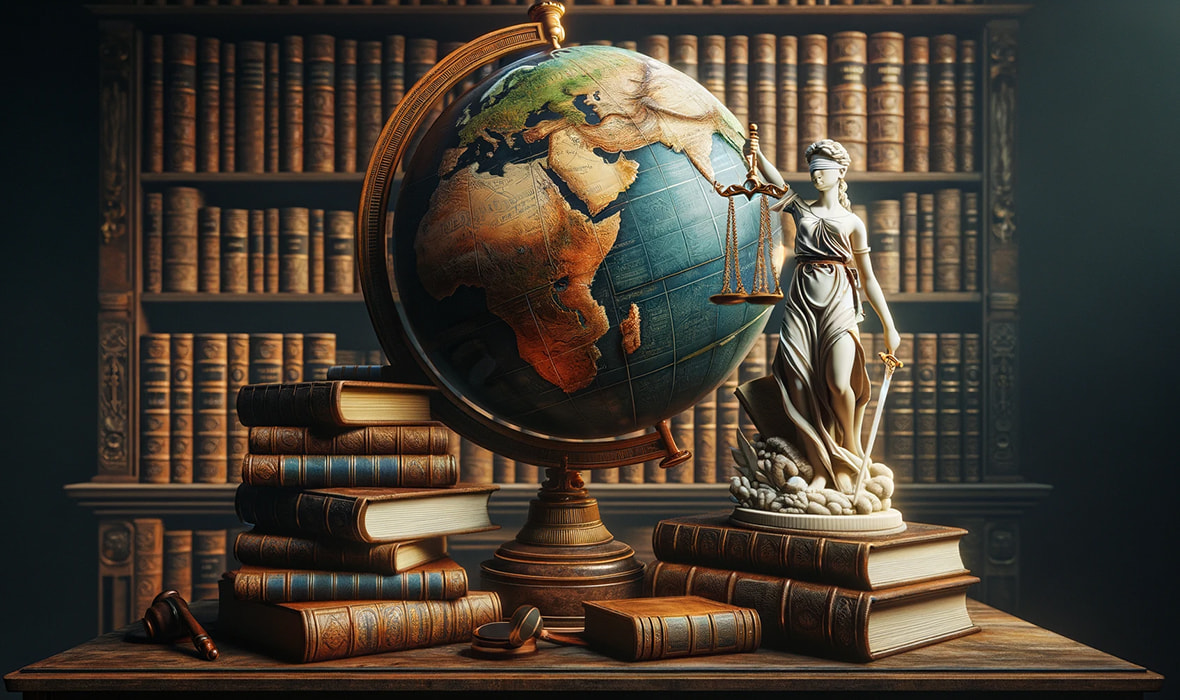 A statue, a globe, and books 