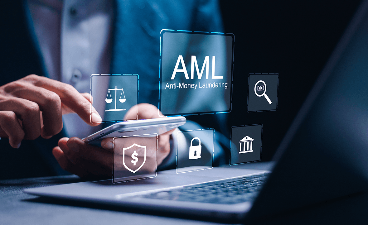 A Person Using a Laptop with Virtual AML & Security Icons. 