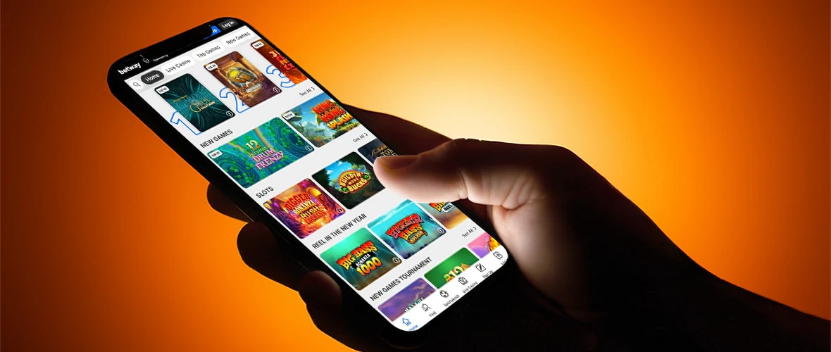 The Betway Vegas lobby viewed on iPhone 15.