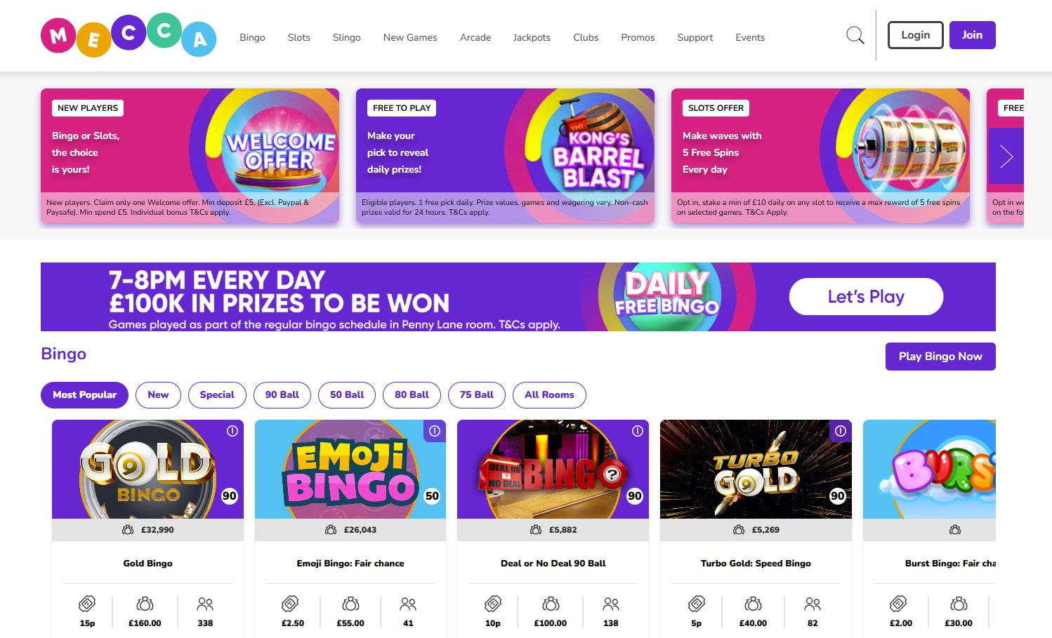 Mecca Bingo - the homepage view with games and bonuses