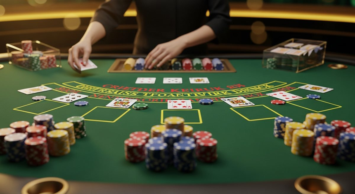Online blackjack table with several hands dealt at once across the felt