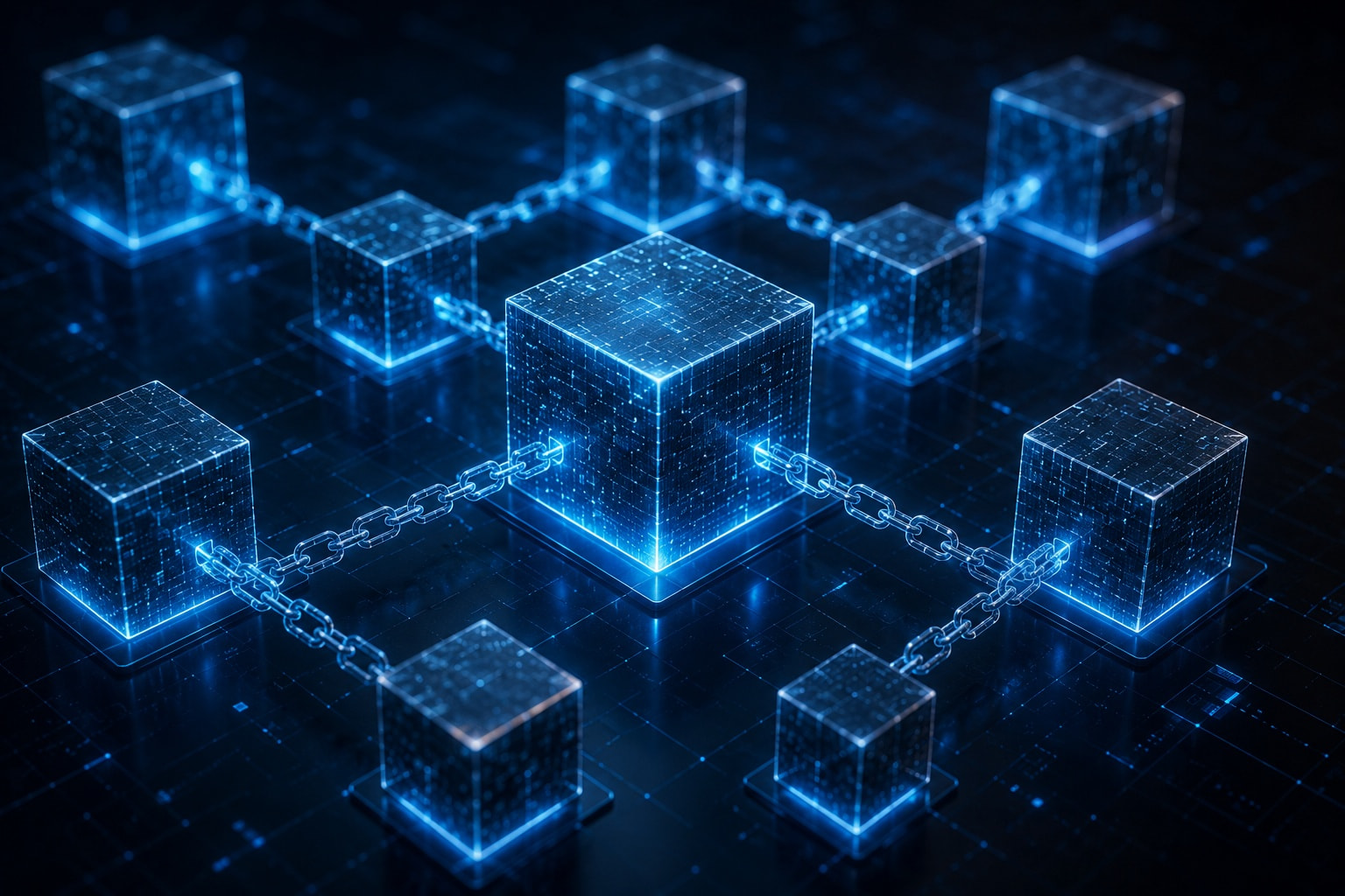 3D illustration of glowing blue blocks linked in a blockchain — representing the cryptographic technology behind provably fair gaming