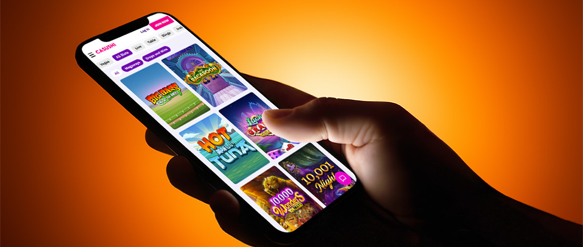 The Casushi lobby viewed on iPhone 15 — note the search bar placement and the provider filter.