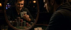 Poker player holding a weak hand at a casino table while a cracked mirror reflects a confident, smiling version of himself with a strong hand and chip stacks — symbolising self-deception and cognitive bias in gambling