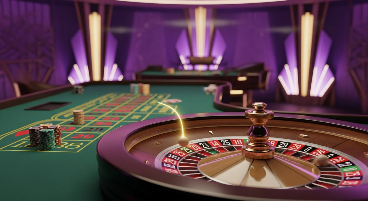 Real live-dealer Lightning Roulette wheel and betting table in a purple and gold casino studio