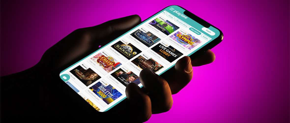 Live dealer tables at Playzee, powered by Evolution, Pragmatic Play and On Air Entertainment — viewed on iPhone 14 Pro.