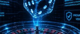 Glowing blue dice above a roulette wheel with cryptographic seed hashes and a provably-fair verified badge — symbolising transparency and verifiable fairness in online gambling